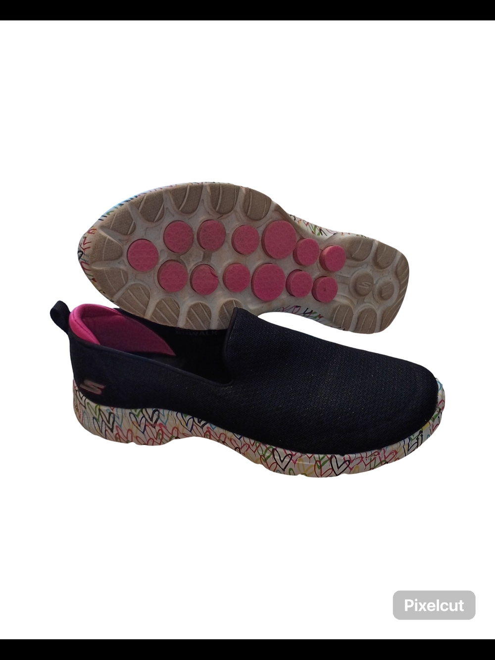 Skechers Black Slip-On Knit Mules with Pink Lining and Multicolor Graphic Sole - Picture 4 of 10